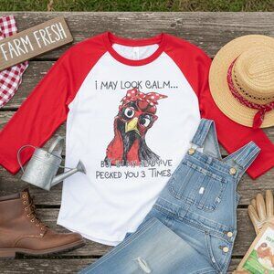 "I May Look Calm" Chicken Graphic Raglan Tee | Red & White | Large